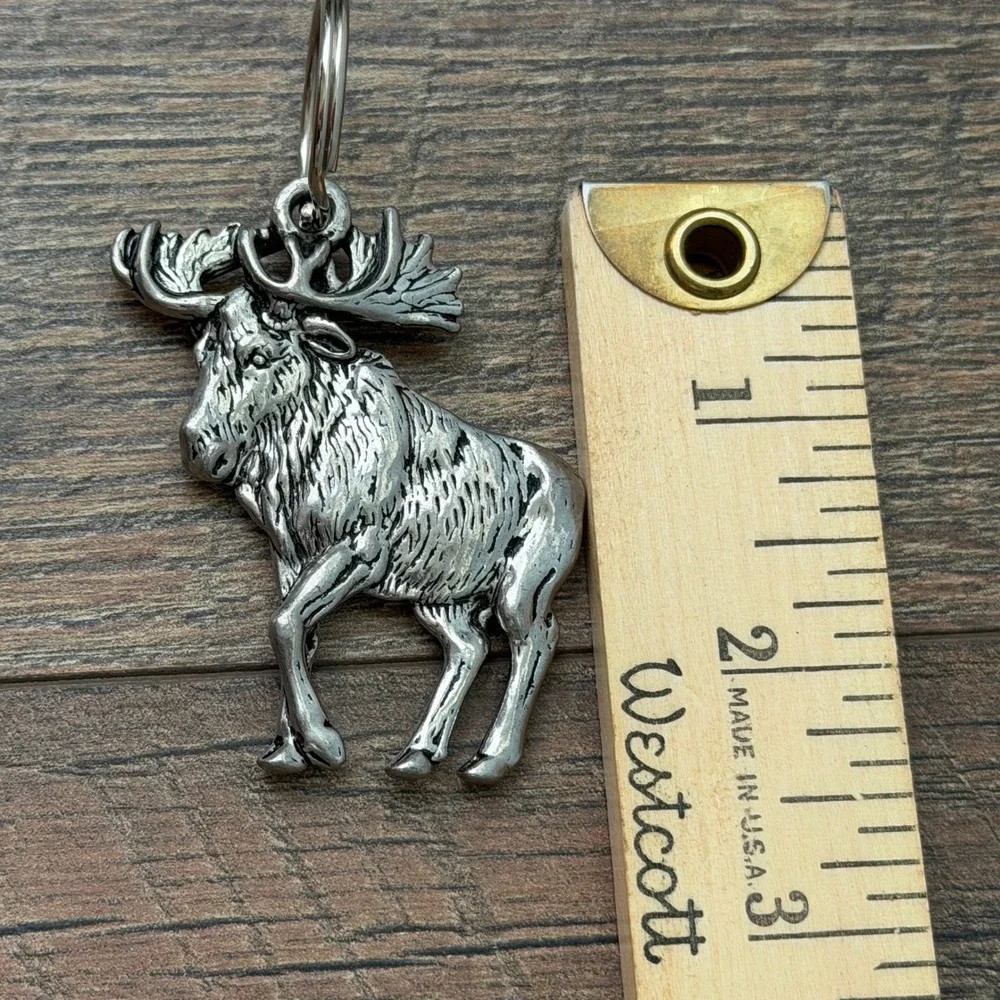 Vintage Pewter Moose Keychain Silver Tone Animal Wildlife Nature Charm Key Ring